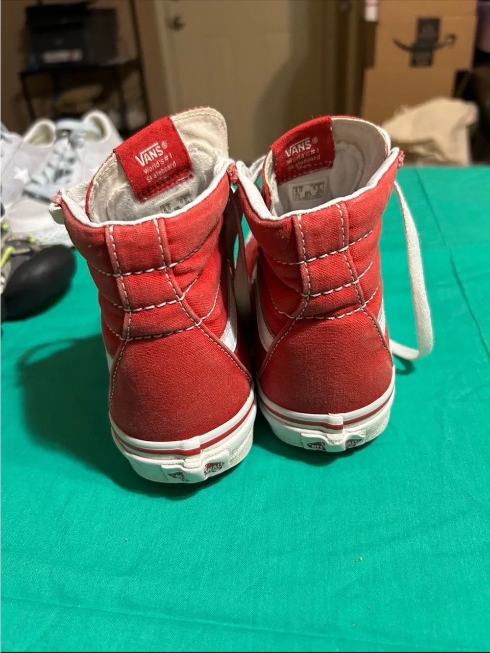 Vans Kids Red and White High Top Skate Sneakers
